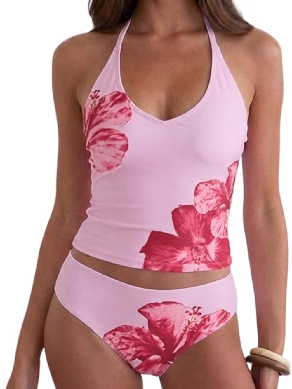 Zaful Pink Floral Halter Tankini Set